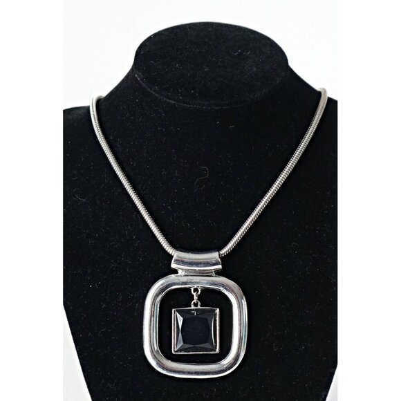 Vintage Modern Necklace Silver Toned Squares Black Center Snake Chain - Picture 1 of 5